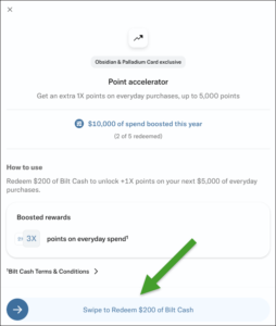 Screenshot showing the point accelerator block in the Bilt app with the swipe to redeem option highlighted.